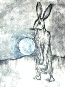 march hare with blue moon drypoint etching 2012 600